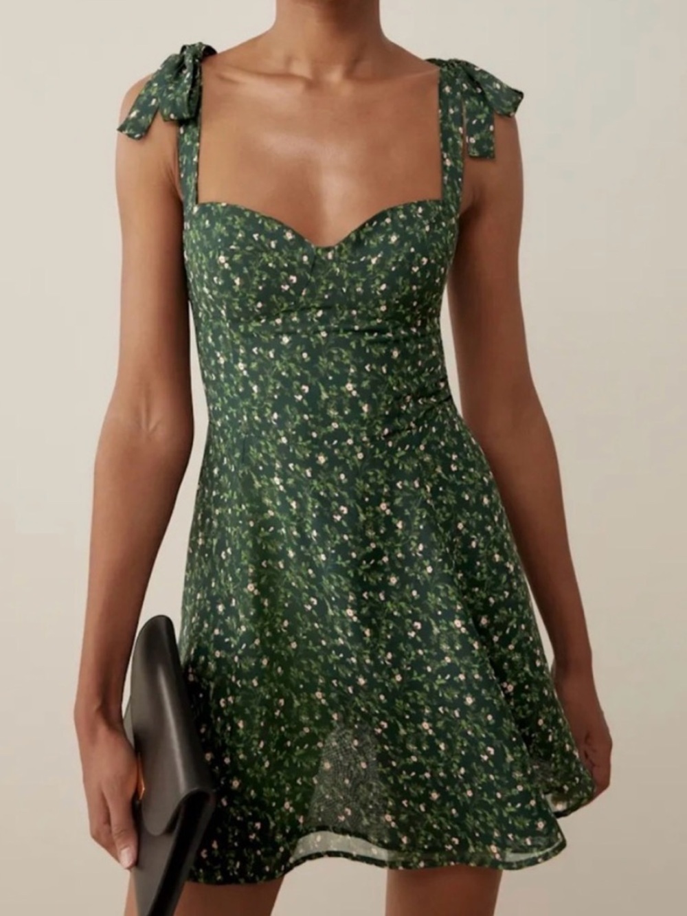 Reformation Green Floral Tie-Shoulder Mini Dress